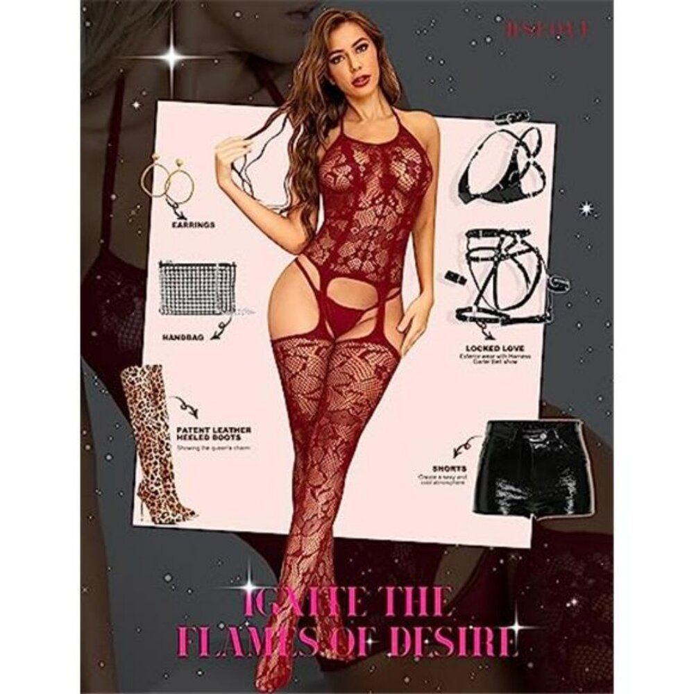RSLOVE Women Fishnet Bodystocking Attached Stockings Sexy Lingerie Crotchless - Picture 5 of 7